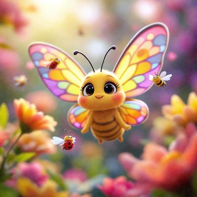The primary subject of the image is a colorful butterfly with a smiling face, flying in a vibrant garden filled with flowers. The setting is a lush, colorful garden with a variety of flowers, creating a cheerful and lively atmosphere. The visual style of the image is a combination of digital art and illustration, giving it a whimsical and playful appearance. The colors and mood of the image are predominantly bright and cheerful, with the butterfly and flowers creating a sense of
